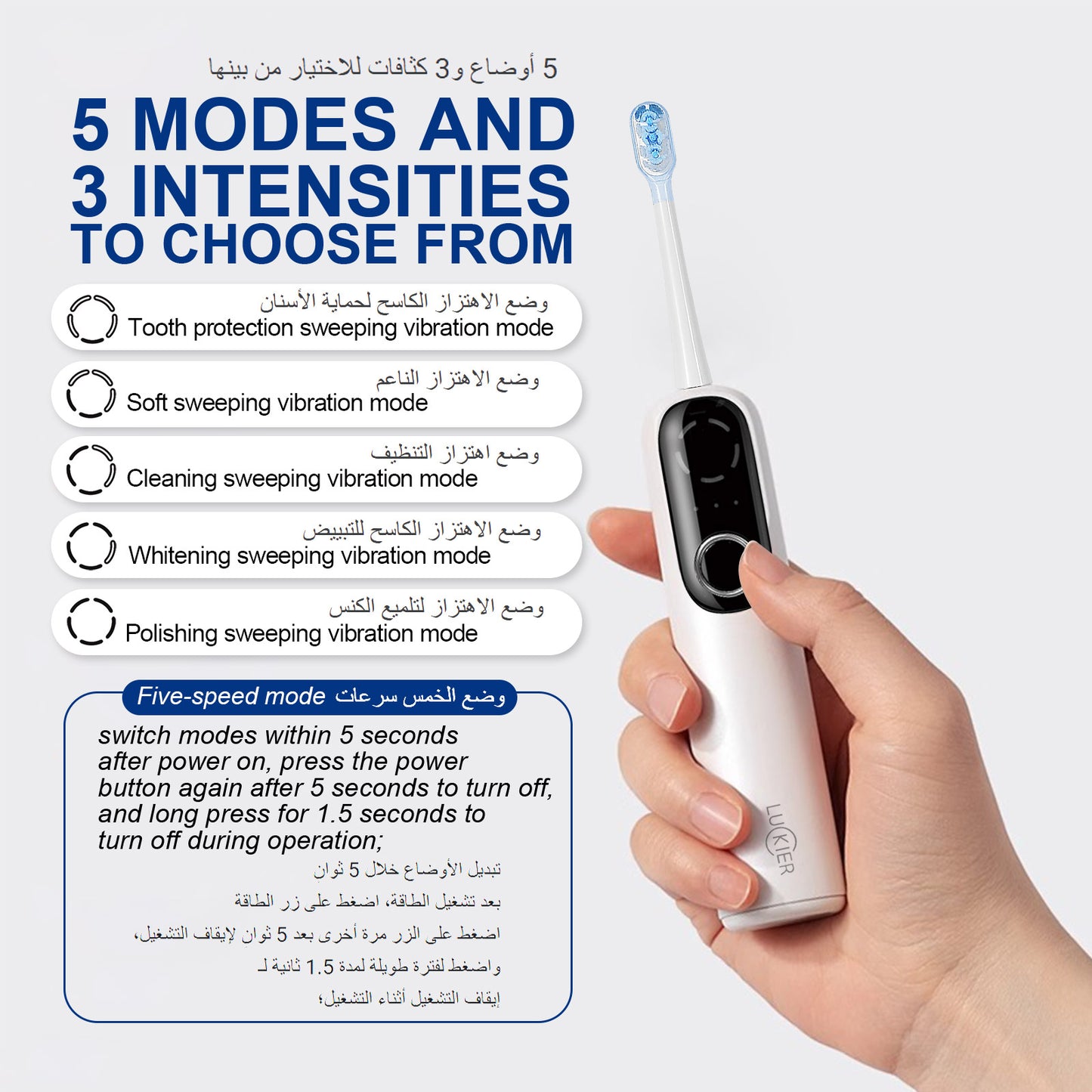 Electric Toothbrush – 60° Left-Right Swinging Motion, 5 Cleaning Modes, 3 Intensity Levels, 4 Replaceable Brush Heads, IPX7 Waterproof, USB Rechargeable – for Home & Travel